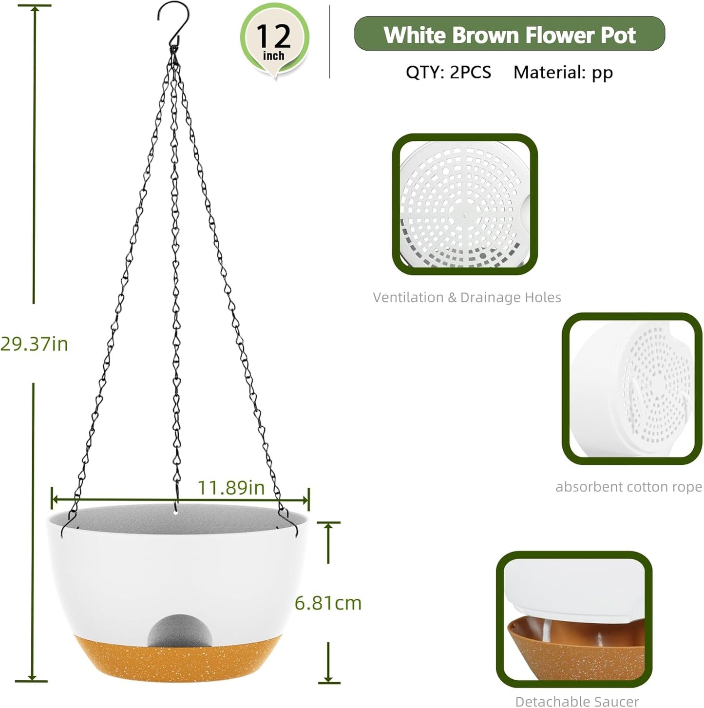 12 Inch Hanging Baskets 2 PC with Chains, Self-Watering Hanging Planters for Indoor Outdoor Plants
