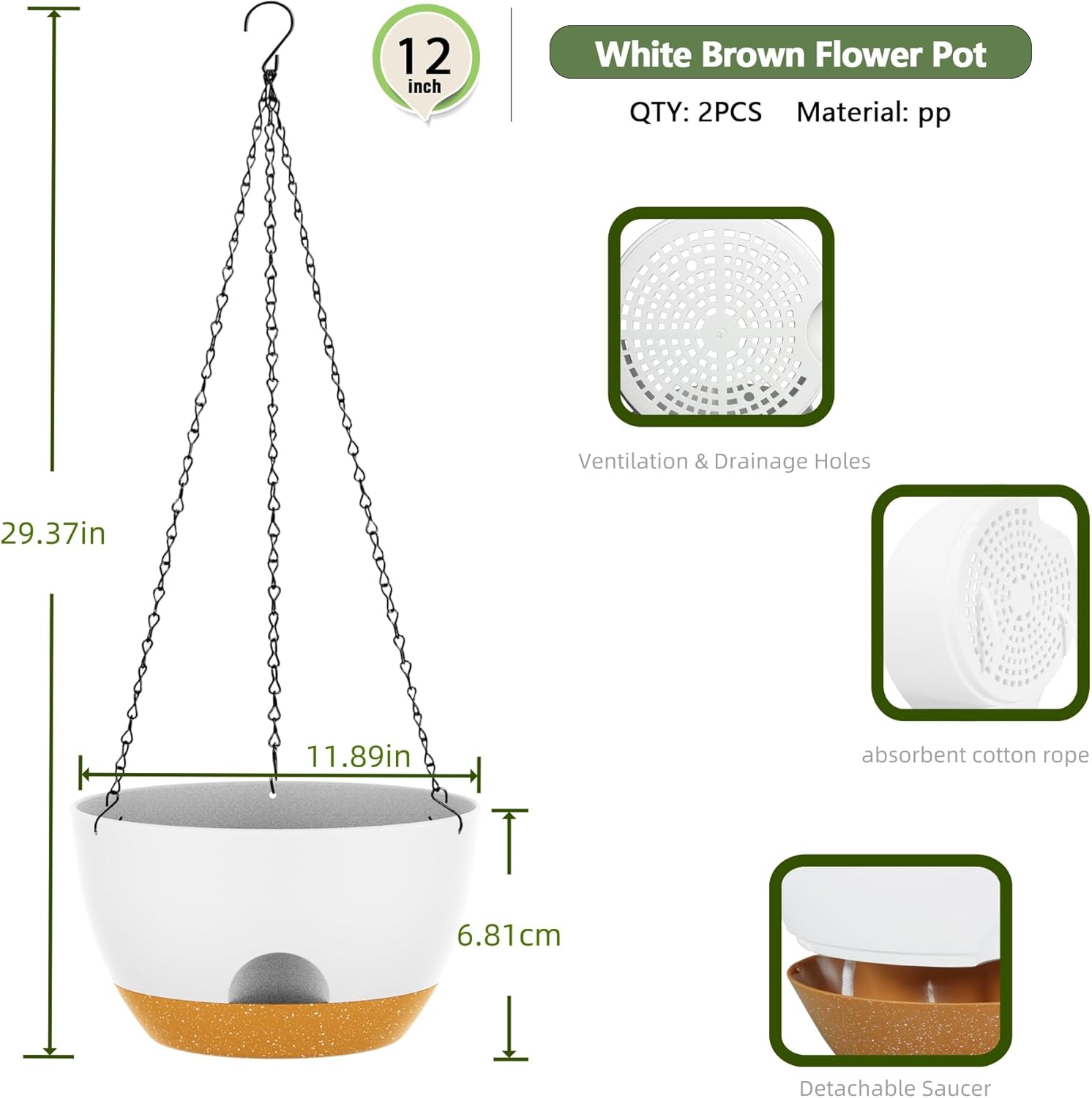 12 Inch Hanging Baskets 2 PC with Chains, Self-Watering Hanging Planters for Indoor Outdoor Plants