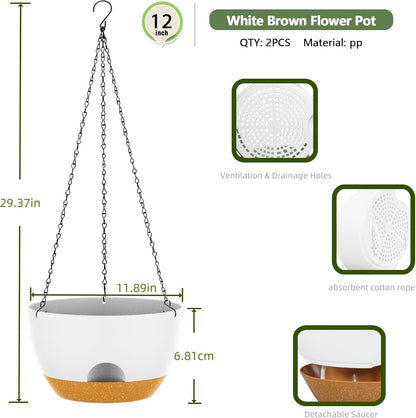 12 Inch Hanging Baskets 2 PC with Chains, Self-Watering Hanging Planters for Indoor Outdoor Plants