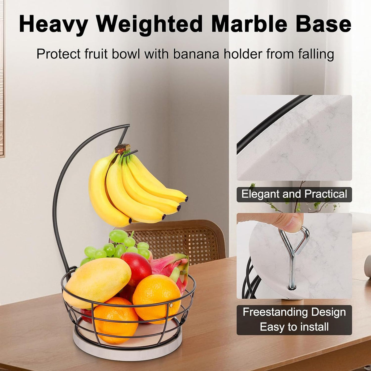 Livabber Countertop Fruit Basket Bowl with Banana Hanger, Modern Standing Fruit Vegetable Bowl