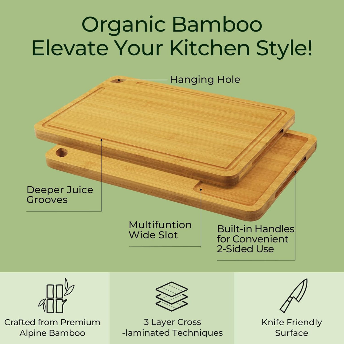 Wood Cutting Board for Kitchen - Reversible Bamboo Cutting Boards Gift Set of 3 with Juice Groove