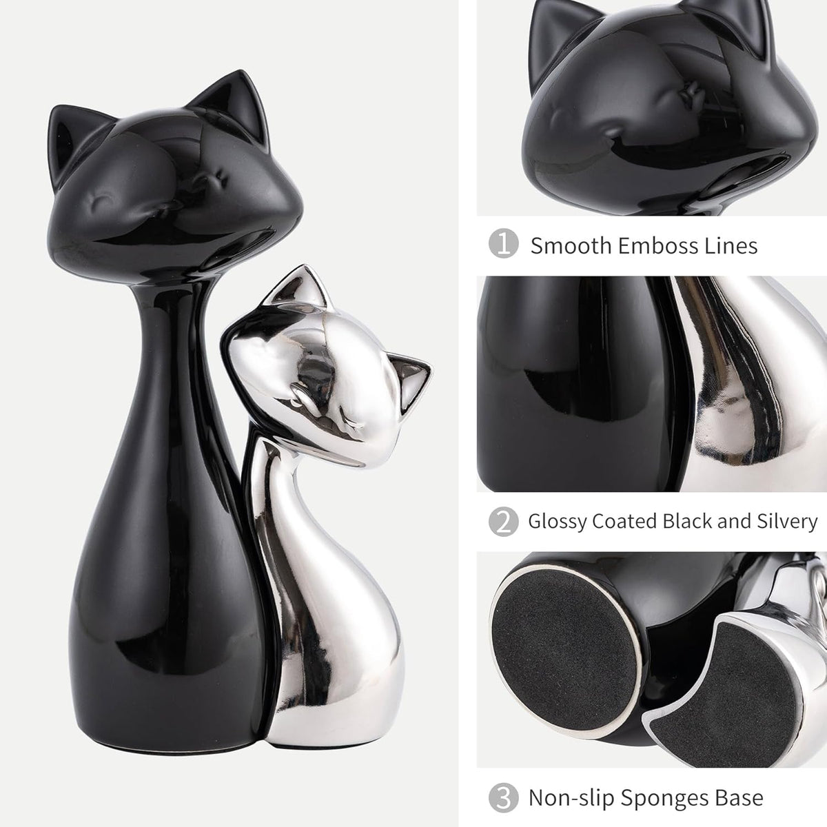Ceramic Cat Statue Set, Black & Silver Cute Home Decor Figurines, Lucky Cats Desk Accessories for