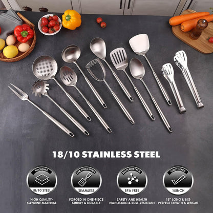 18/10 Stainless Steel Kitchen Utensils Set - 12 PCS All Metal Cooking Tools & 15″ Serving Utensils