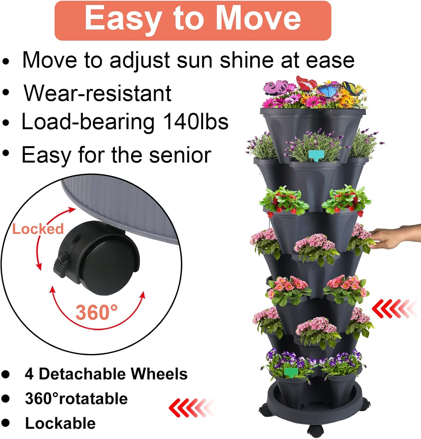 Vertical Planter, 7 Tier Stackable Strawberry Planter with Garden Tool Set, Movable Indoor/Outdoor