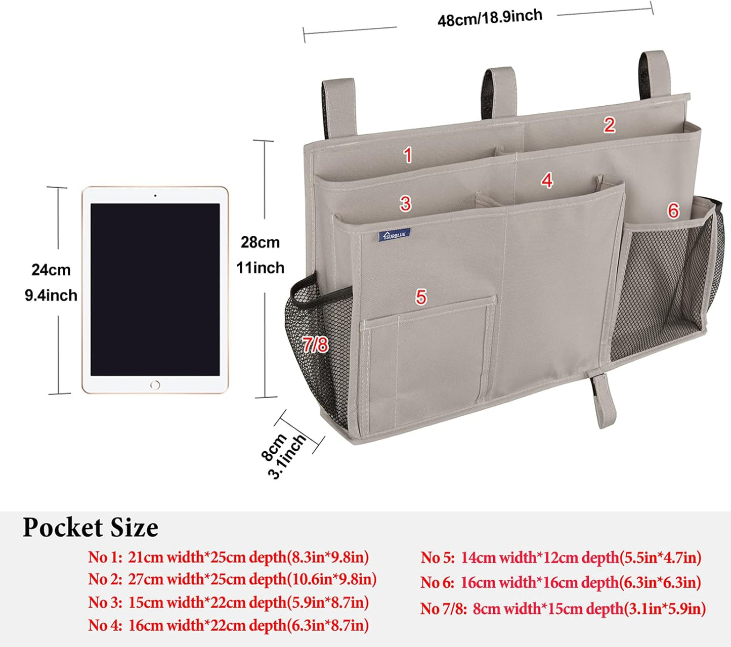 Surblue Bedside Caddy Hanging Bed Organizer Storage Bag Pocket for Bunk and Hospital Beds, College