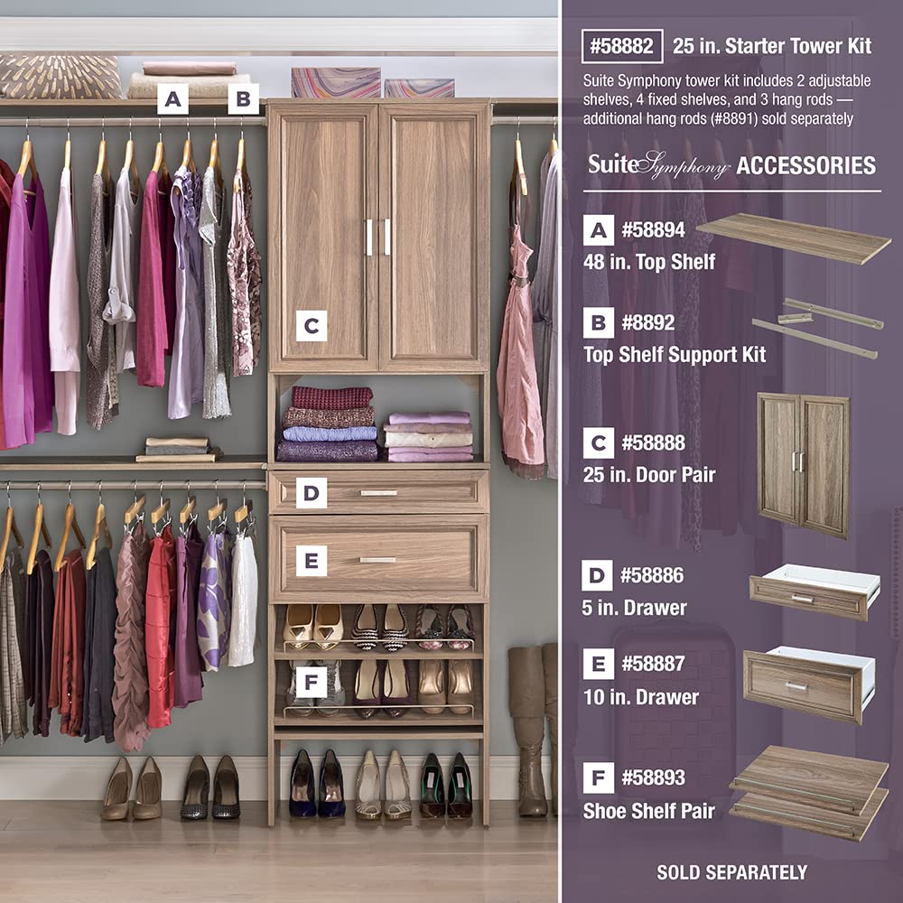 ClosetMaid SuiteSymphony Wood Closet Organizer Starter Kit with Tower and 3 Hang Rods, Shelves