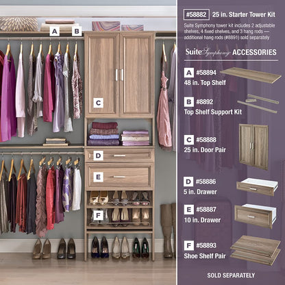 ClosetMaid SuiteSymphony Wood Closet Organizer Starter Kit with Tower and 3 Hang Rods, Shelves