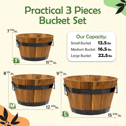 IDZO Set of 3 Wooden Flower Boxes Outdoor, Durable Acacia Wood Barrel Planters for Outdoor Plants