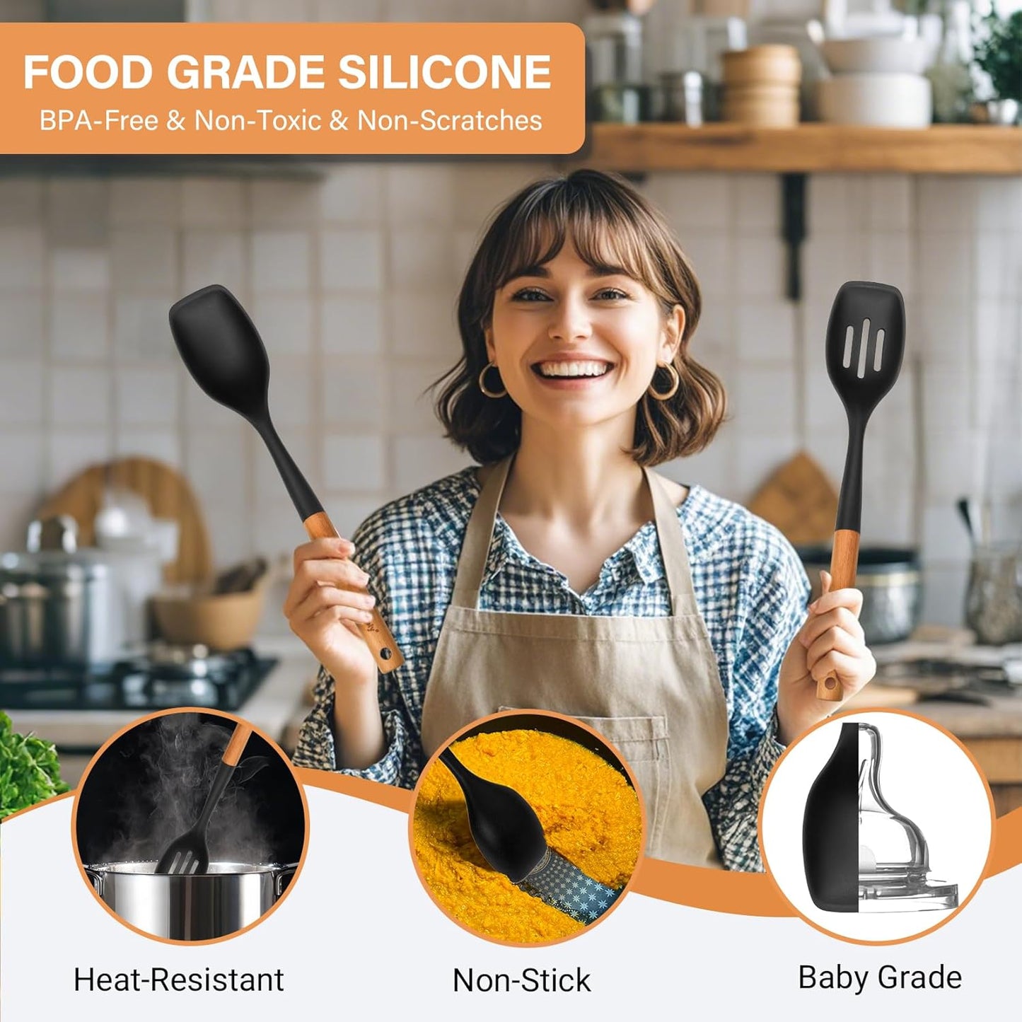 Large Silicone Cooking Spoon Set, 2 Pack Solid Slotted Spoon with Wooden Handle, Nonstick Silicone