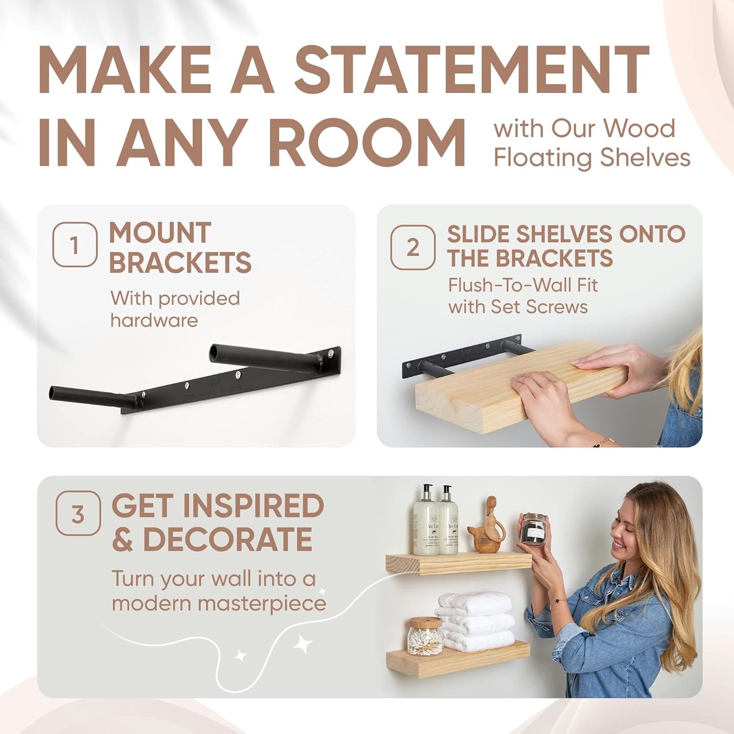 Homeforia 16 inch Natural Floating Shelf, High End Solid Real Wood 16inch Small Floating Shelves