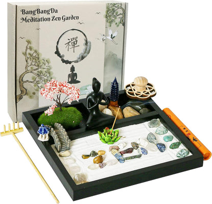 Desktop Meditation Yoga Garden Kit with Japanese Tabletop Rock Sand Chakra Shrine Altar, Home