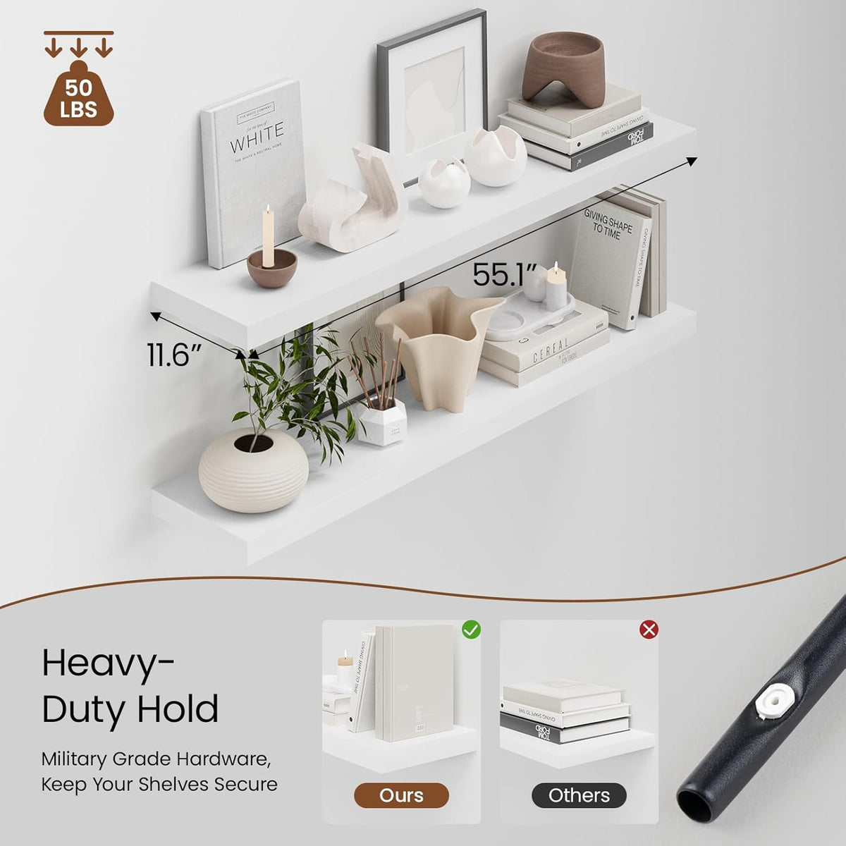 Heimlove 55 x 12 inch Extra Long Floating Shelves for Wall, 12 Inch Deep Floating Shelves, Large