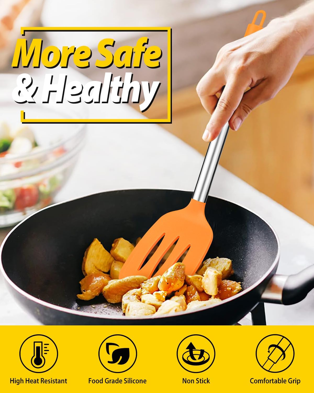 Pack of 2 Silicone Solid Turner, Non Stick Slotted Kitchen Spatulas, High Heat Resistant BPA Free