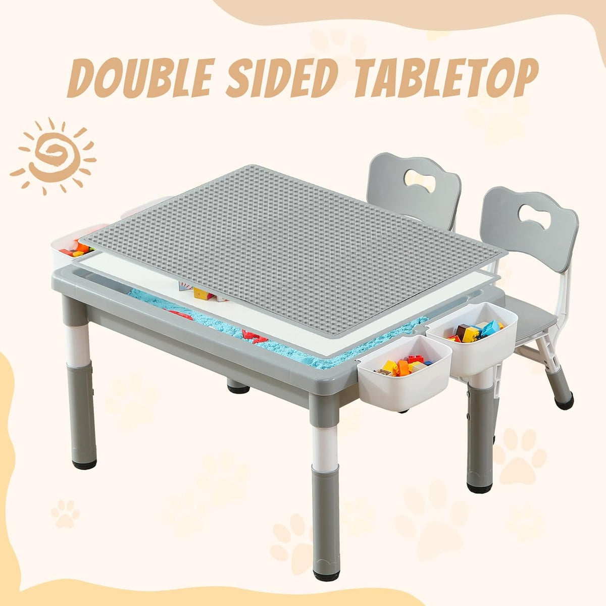 Multi Functional Kids Table and 2 Chairs Set, Graffiti & Building Blocks Double-Sided Tabletop