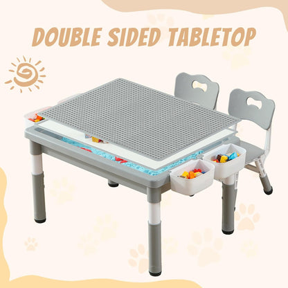 Multi Functional Kids Table and 2 Chairs Set, Graffiti & Building Blocks Double-Sided Tabletop