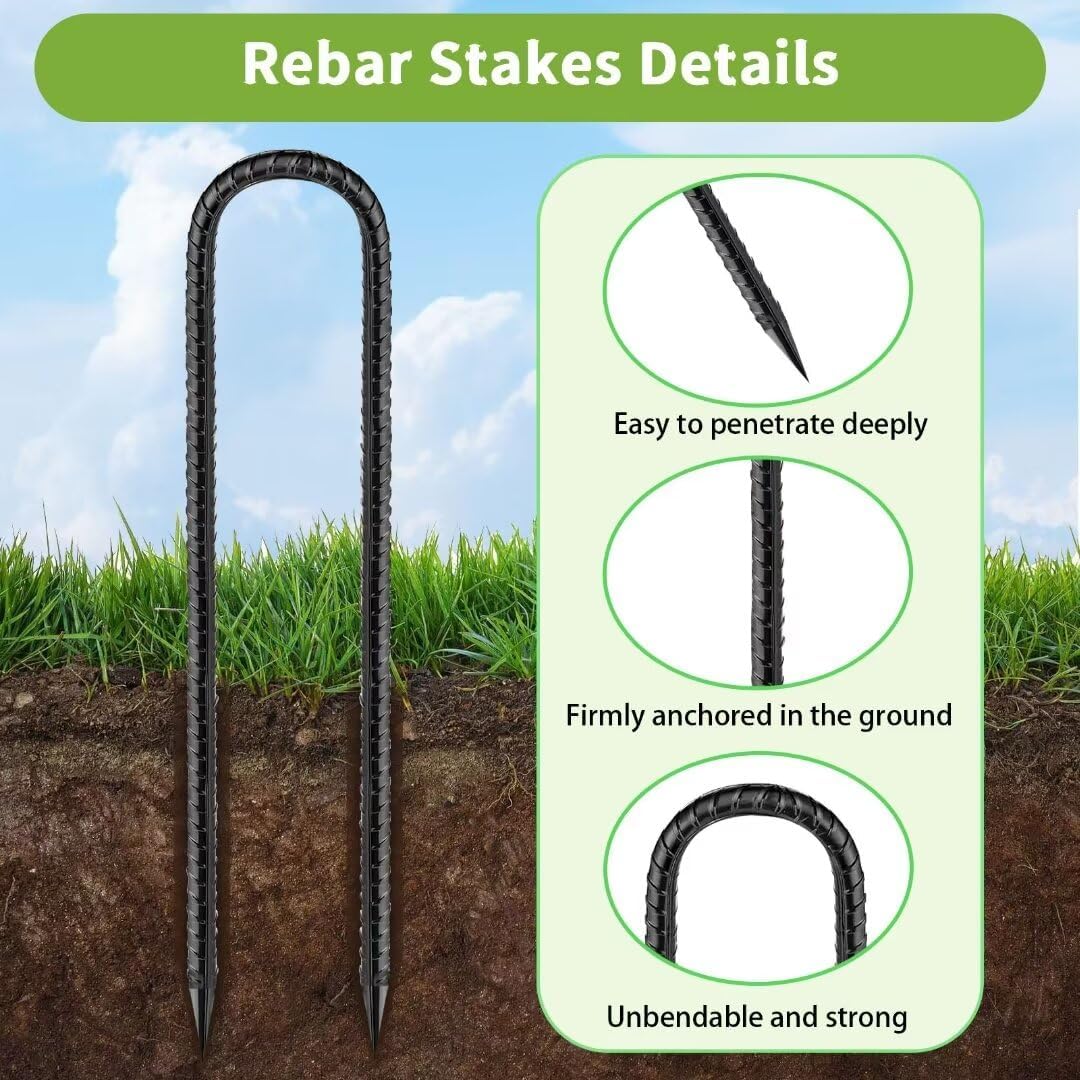 Ground-Stakes-Heavy-Duty-12 inch, U-Hook Rebar Stakes Black Coated Anti-Rust 6pcs Garden Stakes