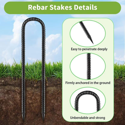 Rebar-Stakes-12-Inch, Ground Stakes Heavy Duty U-Hook Black Coated Anti-Rust Heavy Duty Ground