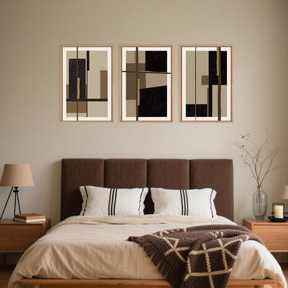Abstract Shapes Framed Canvas Wall Art Set, Mid-Century Black Polygon Wall Decor, Black Brown