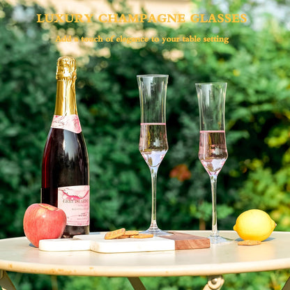 Champagne Flutes Set of 6 - Hand Blown Crystal Champagne Glasses With Long Stem - 7 oz Elegant