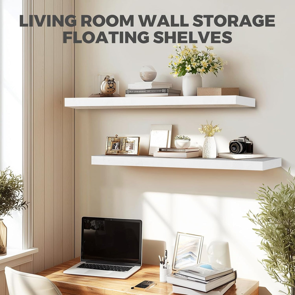36"x6.8"x1.2" Solid Wood Floating Shelves 2-Pack - Rustic White Finish with Hidden Brackets