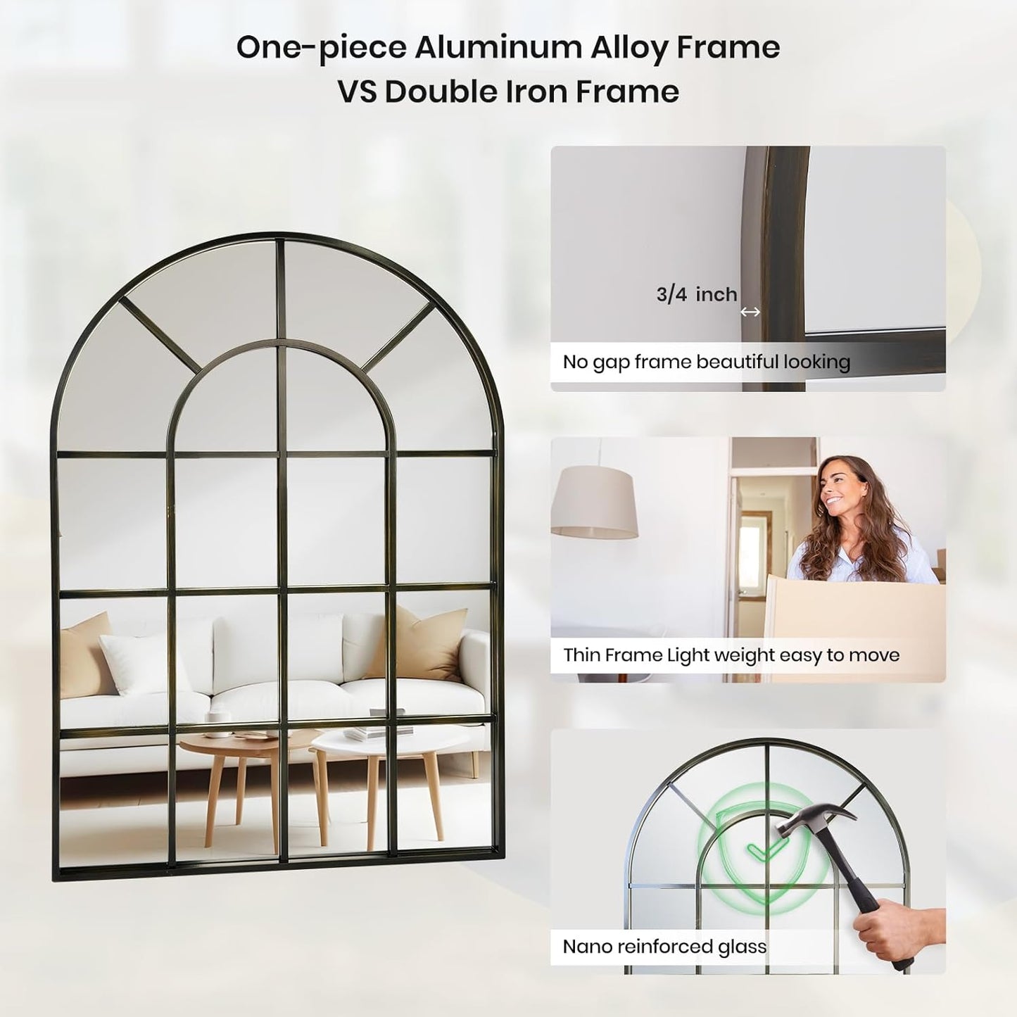 Arched Windowpane Wall Mirror 30"x48" Bronze Wall Mounted Art Pane Mirror Farmhouse Decorative