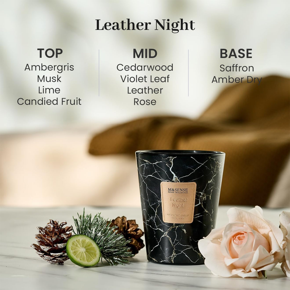 M&SENSE LeatherNight Scented Candles for Home, Lead-Free Wick Highly Scented Jar Candles, 14.1 Oz