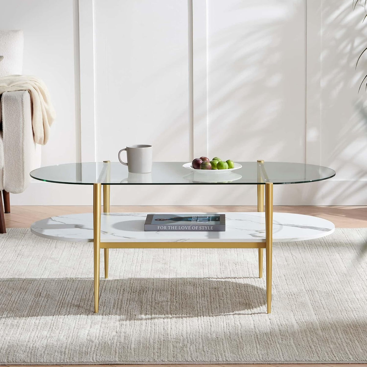Oval Coffee Table, Mid-Century Modern Design, L41 x W21 x H17 inch, for Living Room, Clear Glass