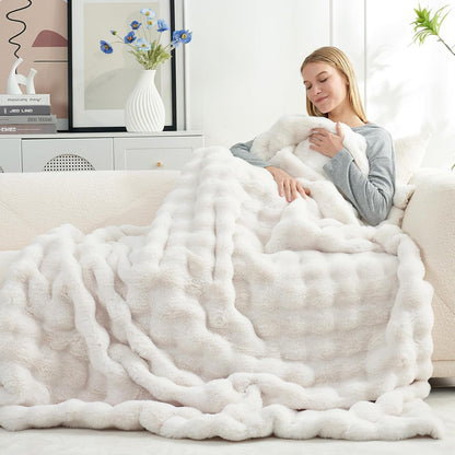 Cozy Bliss Faux Fur Throw Blanket for Couch, Fuzzy Soft Plush Thick Bubble Blanket for Sofa Bedroom