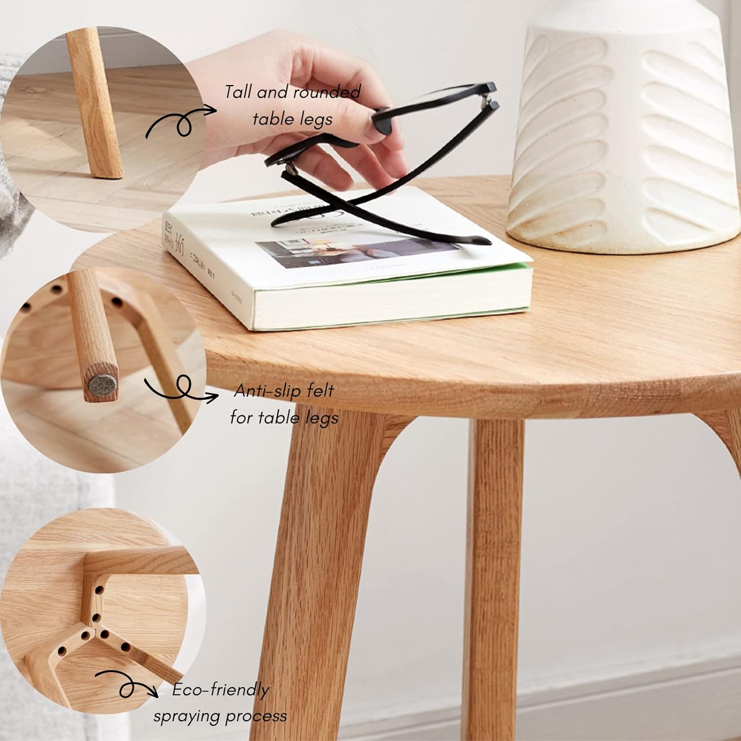 100% Solid Oak Round Side Table, Small Bedside Table for Small Spaces, Living Room End Table with