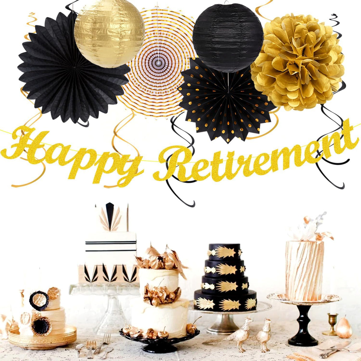 Black Gold Women-Men Happy-Retirement Party-Decorations - 21pcs Celebration Banner,Paper Streamers