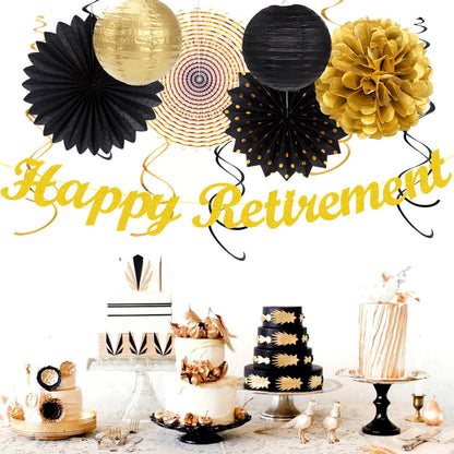 Black Gold Women-Men Happy-Retirement Party-Decorations - 21pcs Celebration Banner,Paper Streamers
