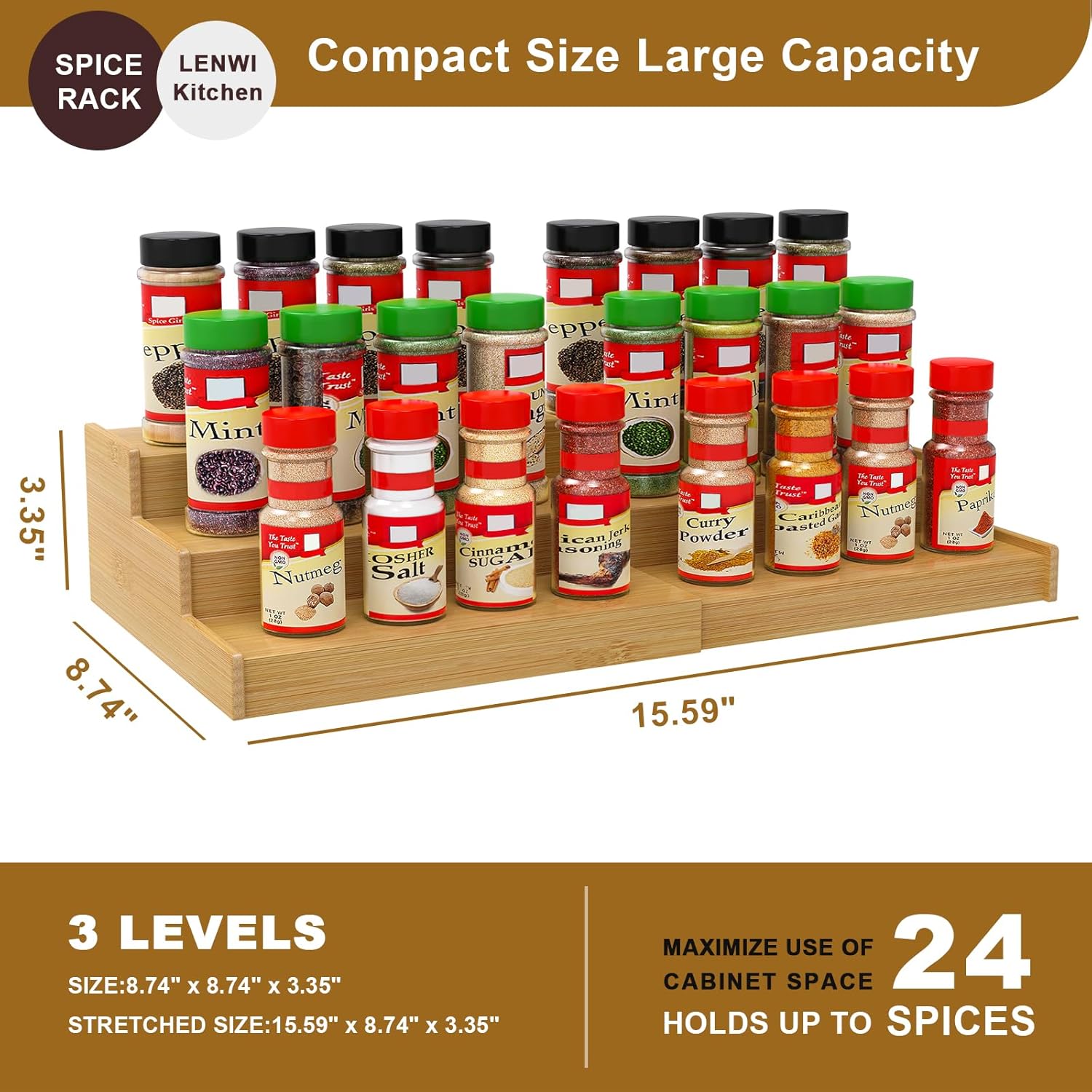 Spice Rack Organizer for Cabinet, 3 Tier Expandable Bamboo Spice Storage, Great for Kitchen