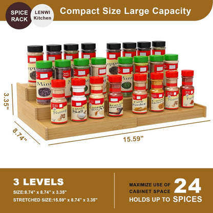 Spice Rack Organizer for Cabinet, 3 Tier Expandable Bamboo Spice Storage, Great for Kitchen
