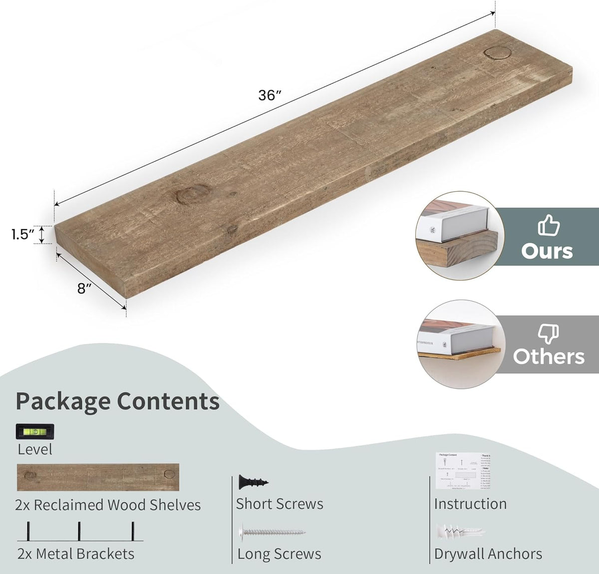 Floating Shelves | 8" Deep Rustic Reclaimed Barnwood Wall Hanging Shelves with Invisible Heavy-Duty