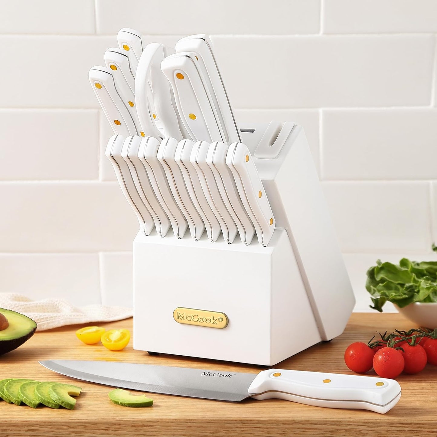 McCook® Knife Sets, White High Carbon Stainless Steel Kitchen Knife Sets with with Built-in