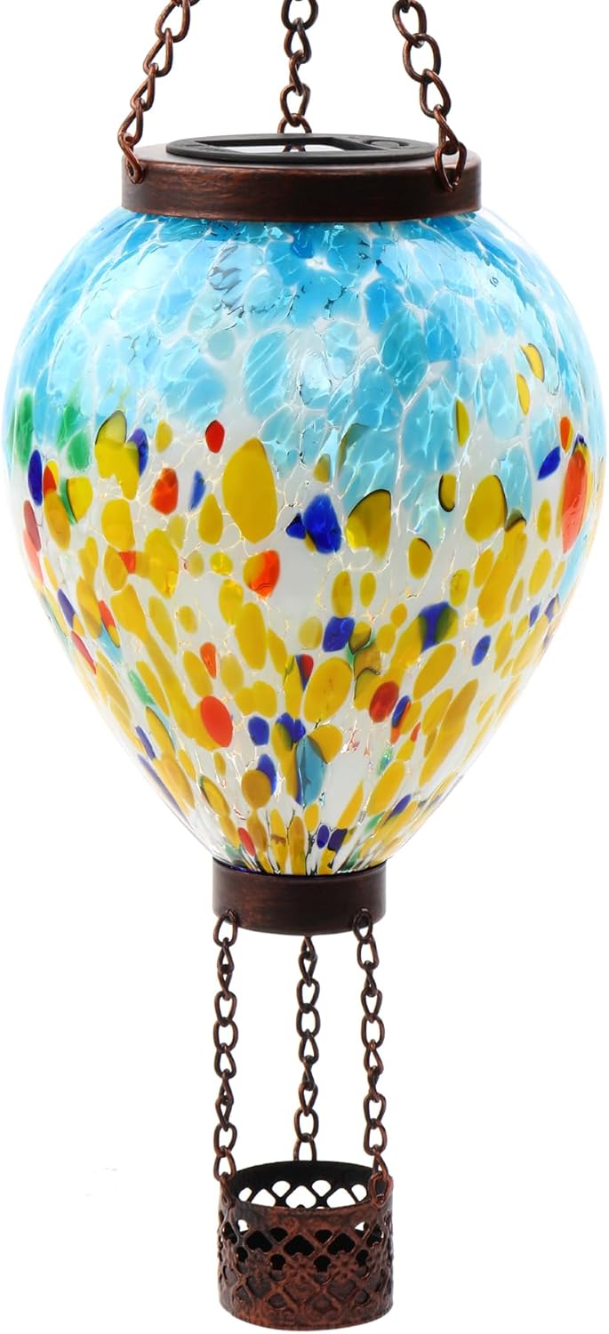 VOREEN Solar Hot Air Balloon Glass Lantern – Hand Blown Multicolor Glass Outdoor Hanging Light
