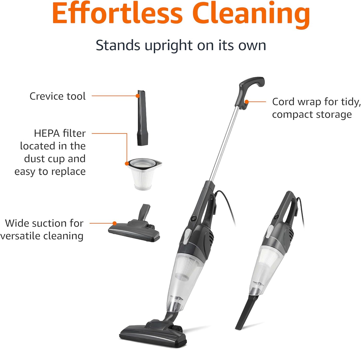 Amazon Basics 2-in-1 Corded Stick Vacuum Cleaner, Convertible to Handheld, Lightweight (3.9 LBS)