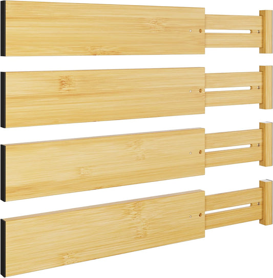 BAMEOS 4 pcs 3" High Bamboo Drawer Dividers Adjustable Drawer Organizer Expandable Drawer