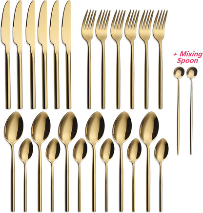 24 Piece Silverware Set For 6 Gold Heavy duty 18/10 Stainless Steel Flatware Set Modern Design