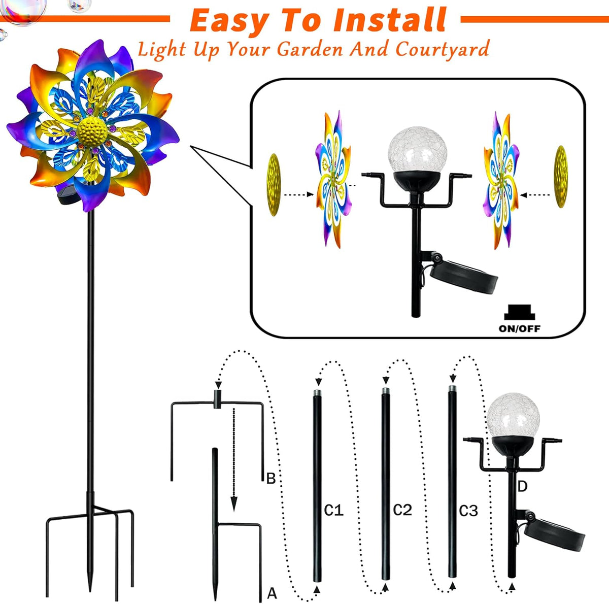 60 Inch Solar Wind Spinner Outdoor - Double-Sided Rotating Colorful Kinetic Wind Spinners for