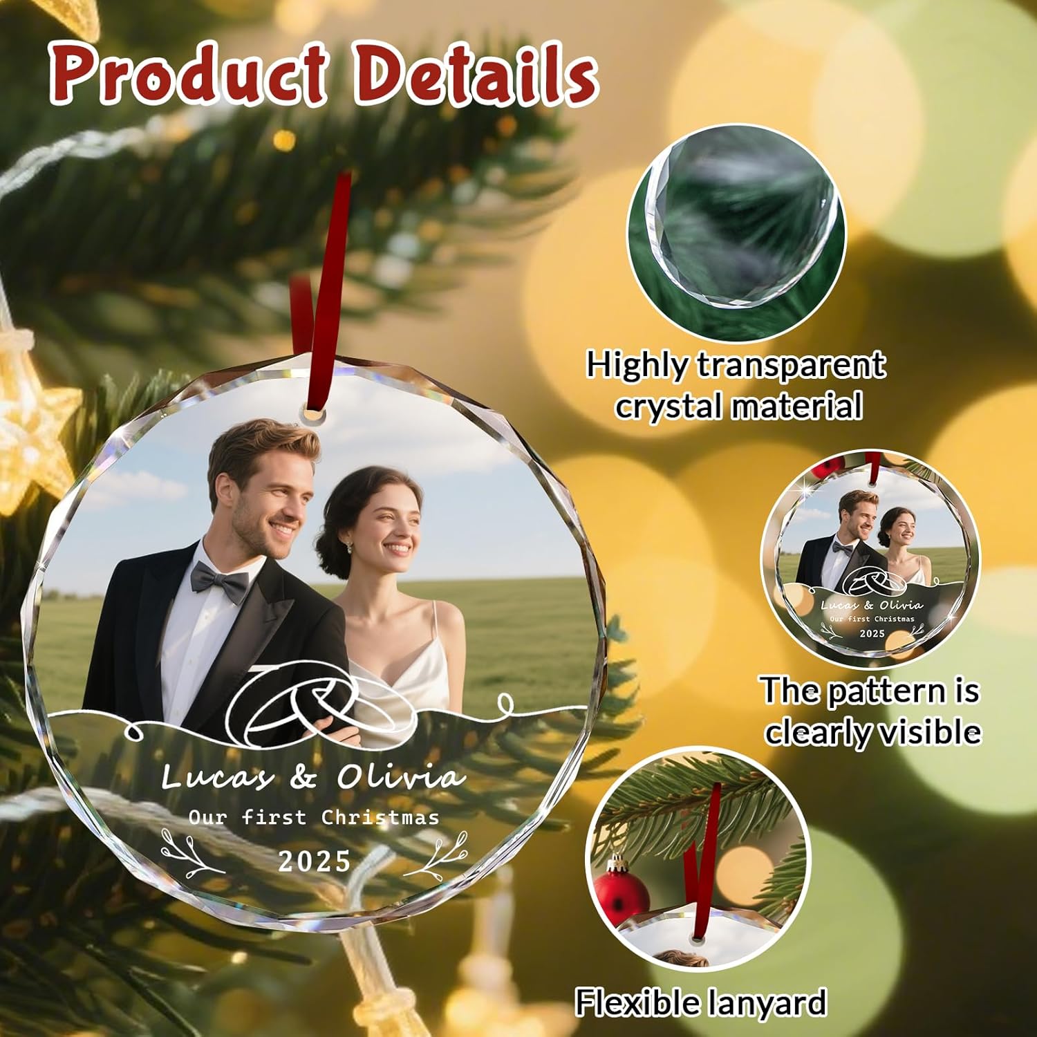 Custom Christmas Ornament Glass-Personalized Christmas Ornaments with Photo/Name/Date/Text,Wedding