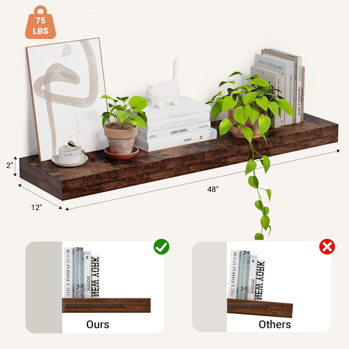 Heimlove 12 Inch Deep Floating Shelves, 48 x 12 inches Long, Large Display & Storage Shelf, Rustic