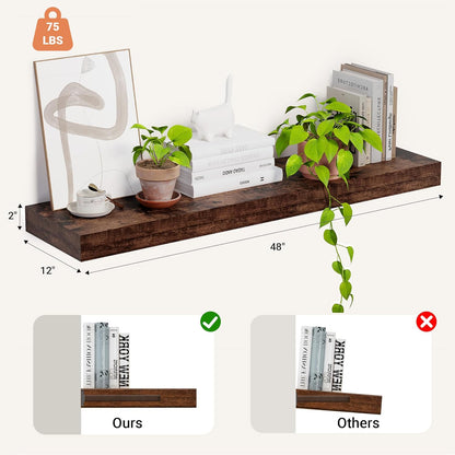 Heimlove 12 Inch Deep Floating Shelves, 48 x 12 inches Long, Large Display & Storage Shelf, Rustic