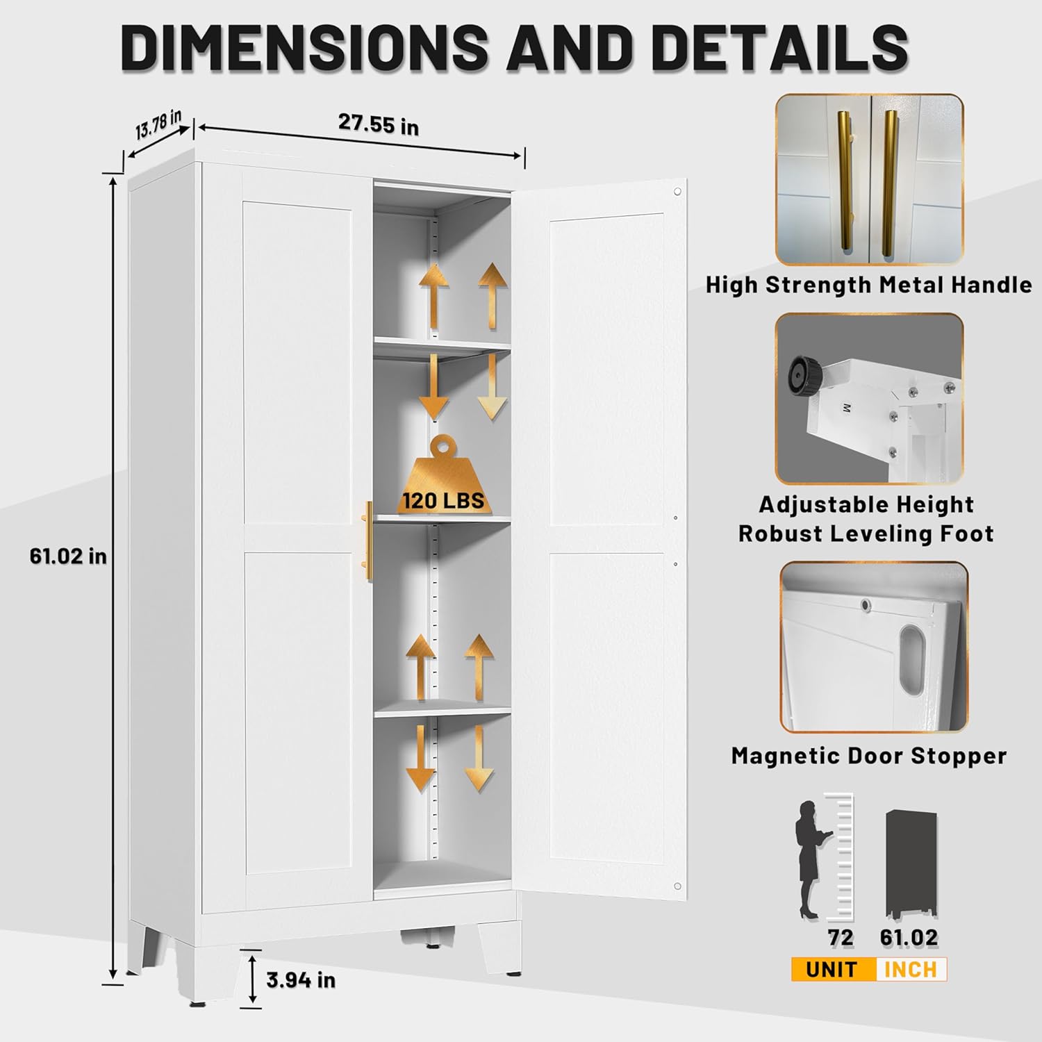 White Metal Kitchen Storage Cabinet, Kitchen Pantry Storage Cabinet with Doors and Shelves, Storage