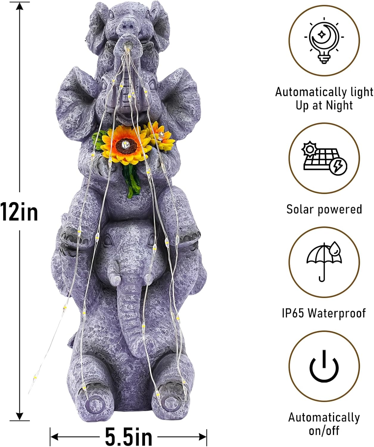 Solar Garden Decor Elephant Statue Outdoor, Luck Triple Elephant Decorations for Yard Porch Lawn