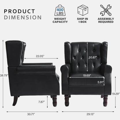 High Back Accent Chairs Set of 2,Upholstered Faux Leather Wingback Armchairs with Solid Wood Legs