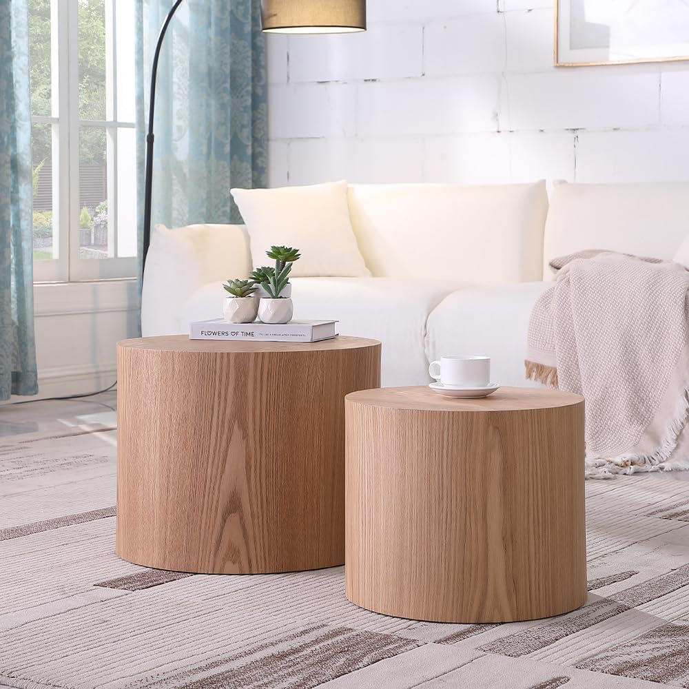 WILLIAMSPACE 18.9" Round Nesting Coffee Table Set of 2, Modern Wooden Coffee Tables Circle Side