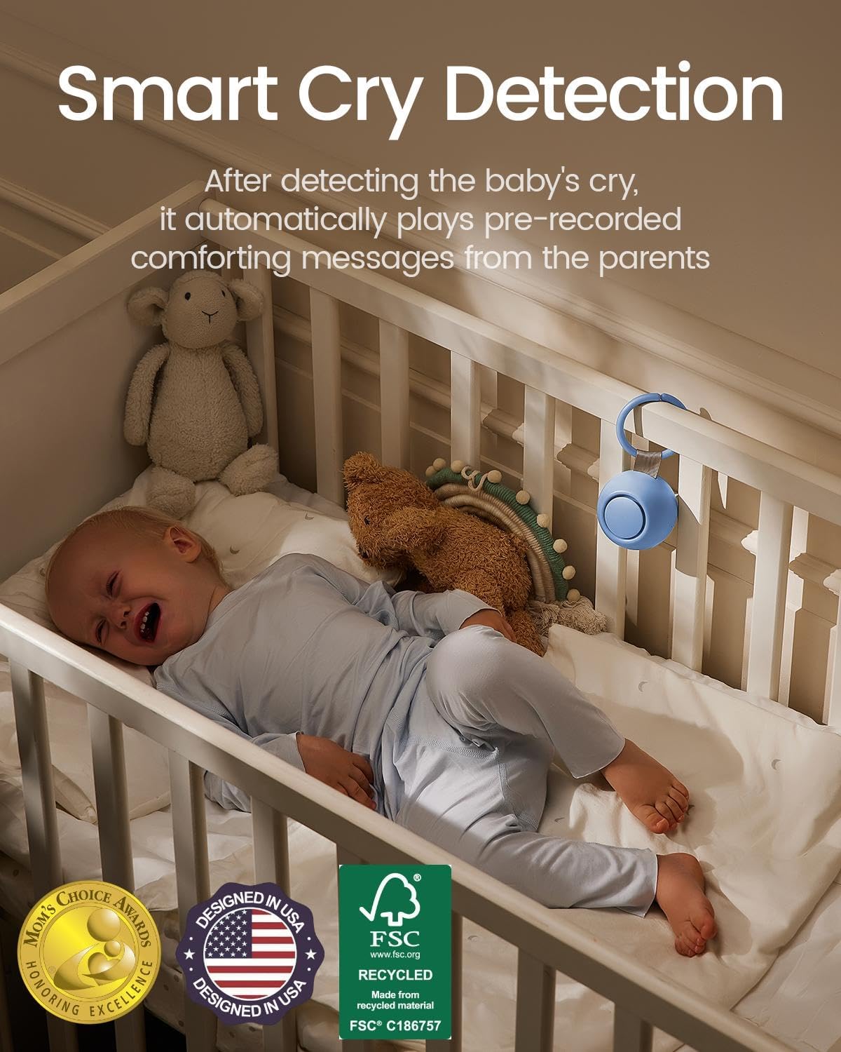 2025 Mom's Choice Awards, Portable Sound Machine for Baby Adult, AI Cry Detection, 18 Soothing