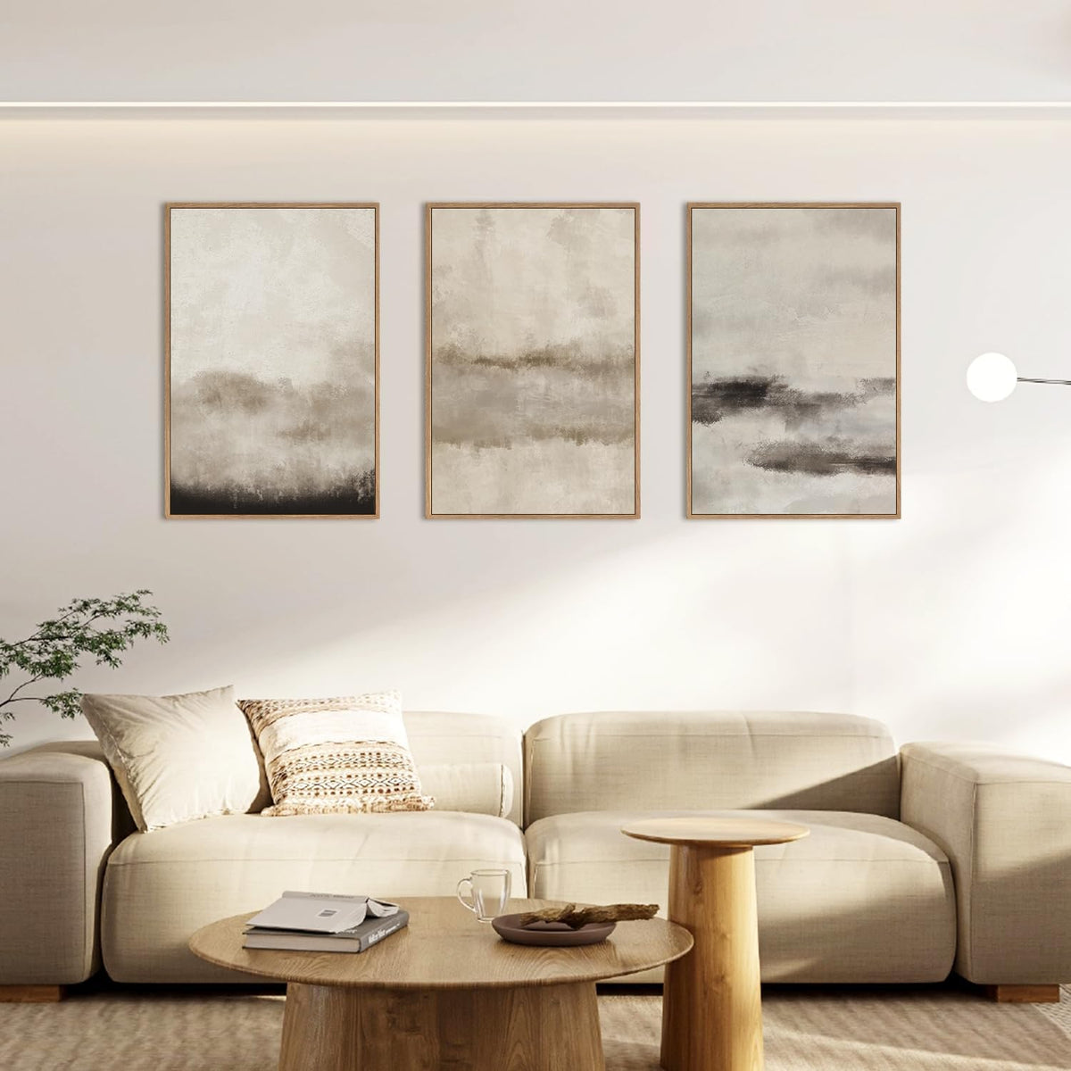 HPINUB Large Abstract Framed Canvas Wall Art Set,Minimalist Beige Gray Pastel Watercolor Wall