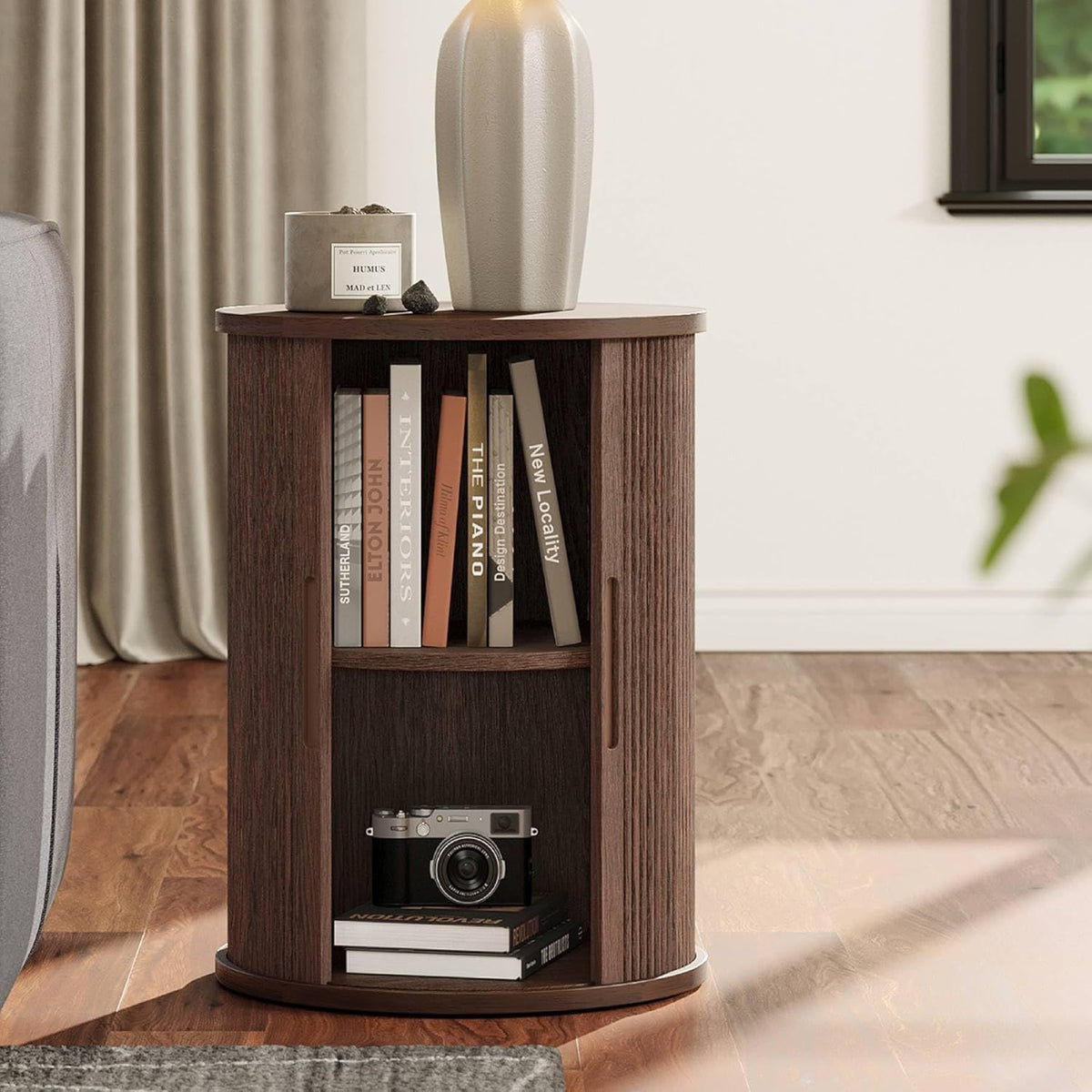 LINSY HOME Round Fluted End Table, Tall Side Table with Sliding Tambour Door and Storage Shelf